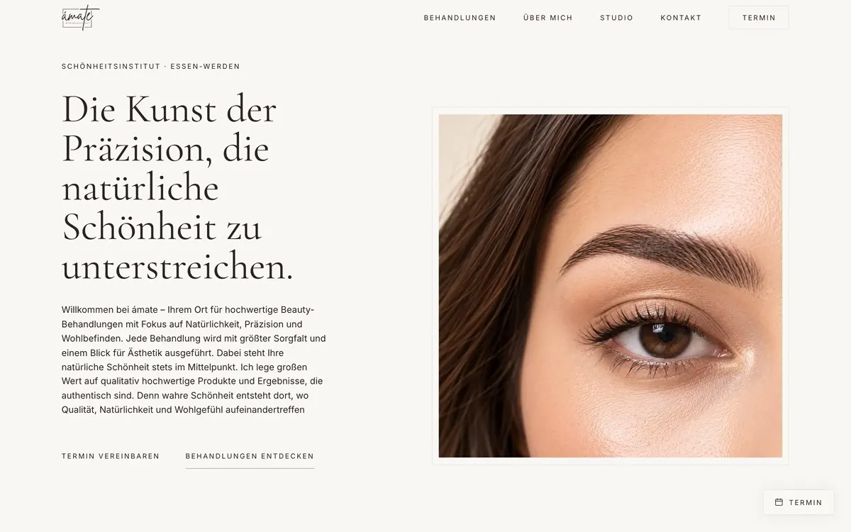 Screenshot der Website ámate Beauty — Kosmetikstudio Essen