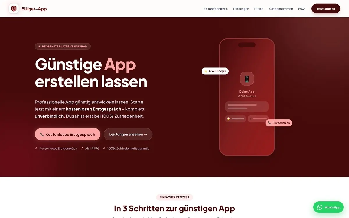 Screenshot der Website Billiger-App — App-Entwicklung