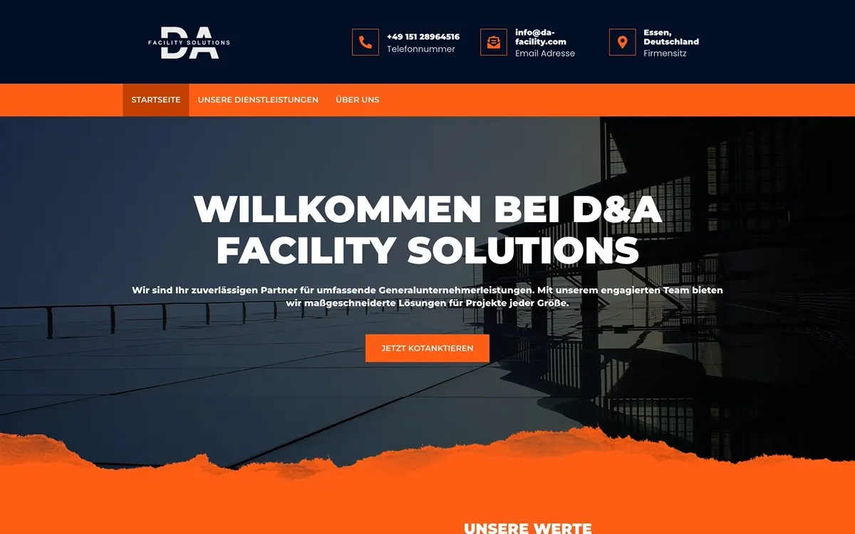 Screenshot der Website D&A Facility Solutions — Facility Management