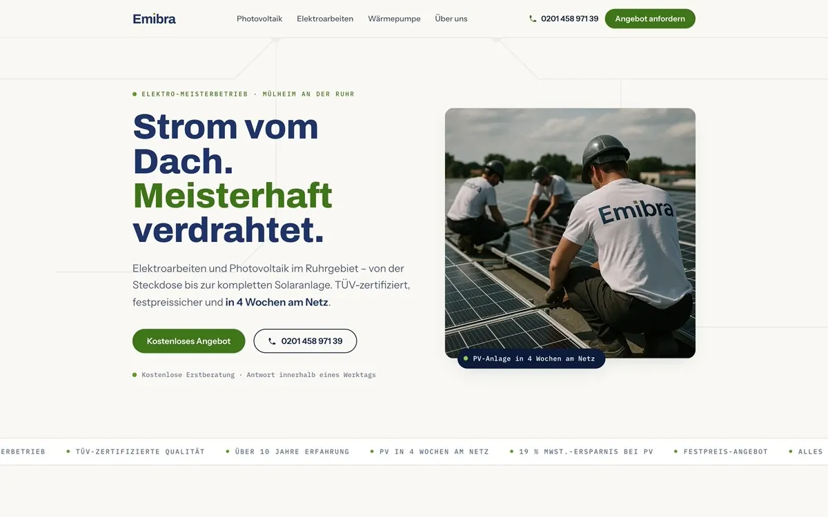 Screenshot der Website Emibra — Elektro & Photovoltaik