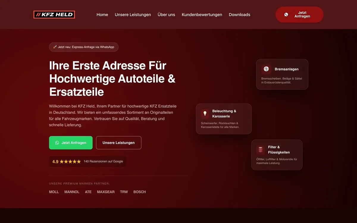 Screenshot der Website KFZ Held — KFZ-Ersatzteile