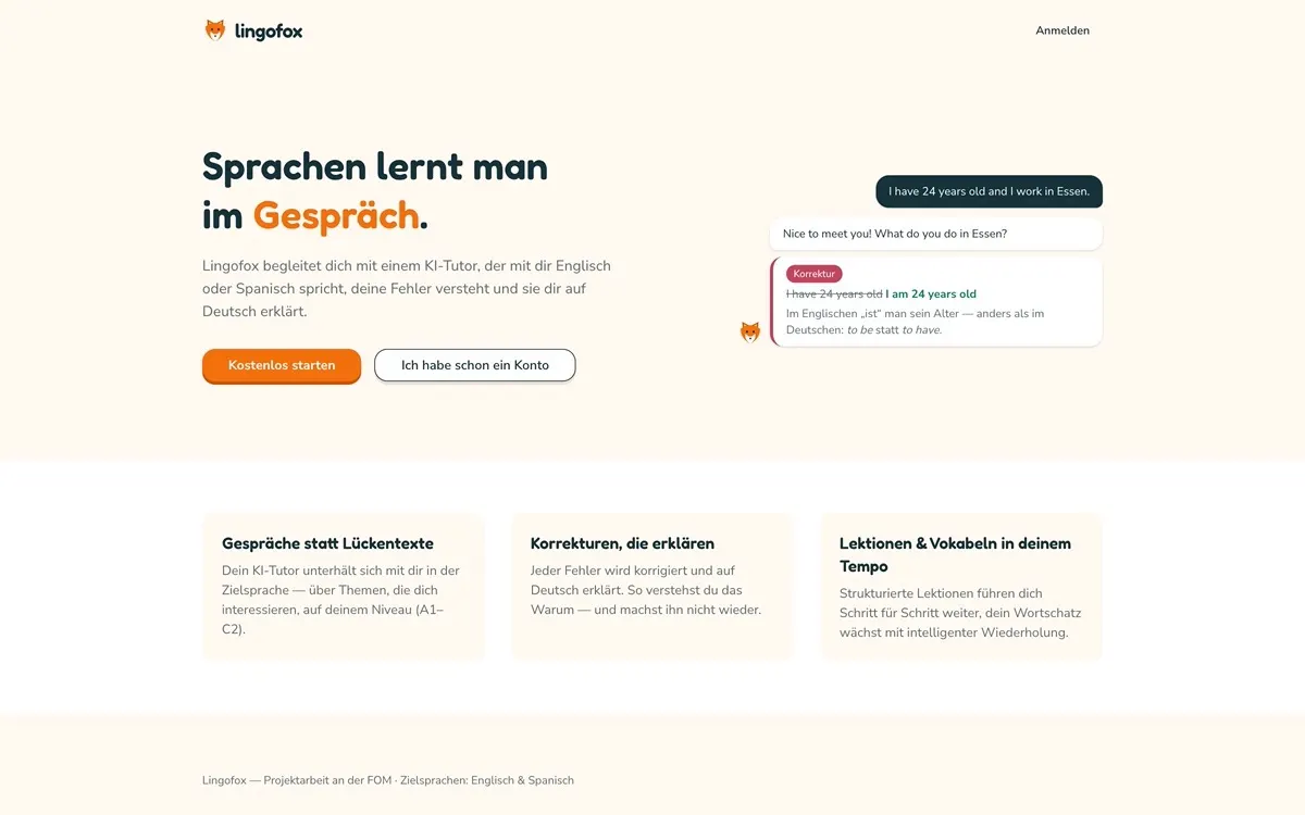Screenshot der Website Lingofox — KI-Sprachlern-App