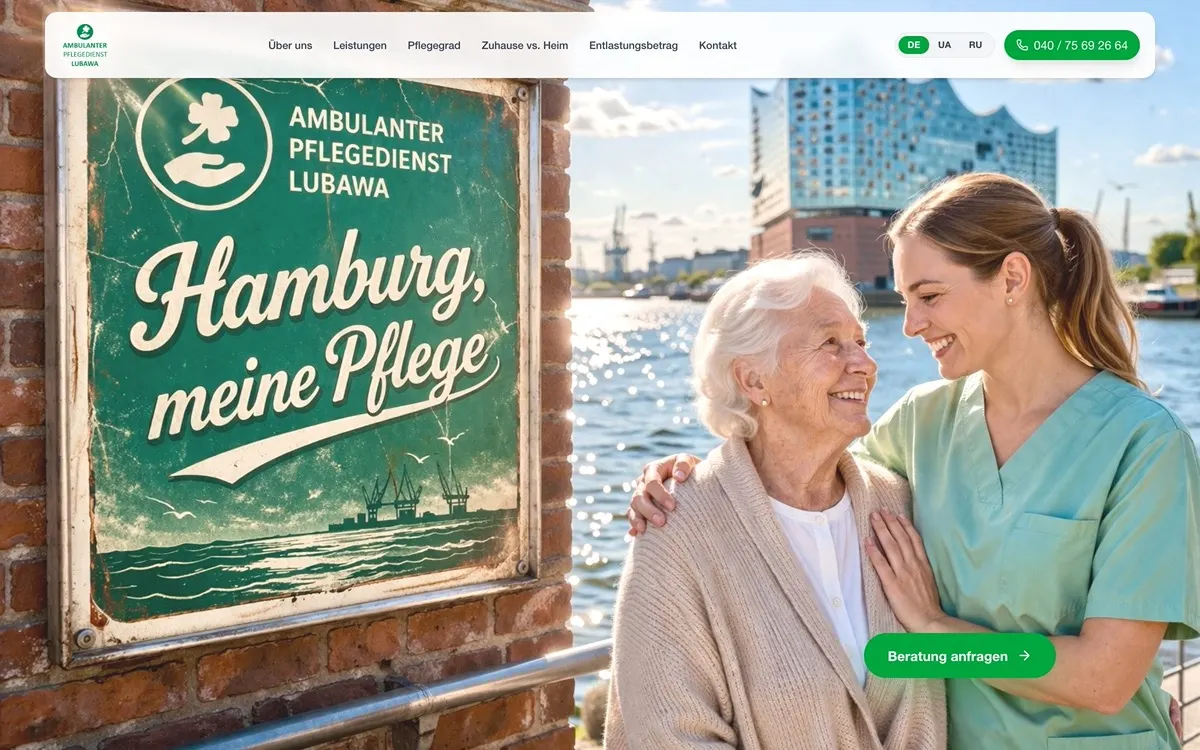 Screenshot der Website Pflegedienst Lubawa — Ambulante Pflege Hamburg