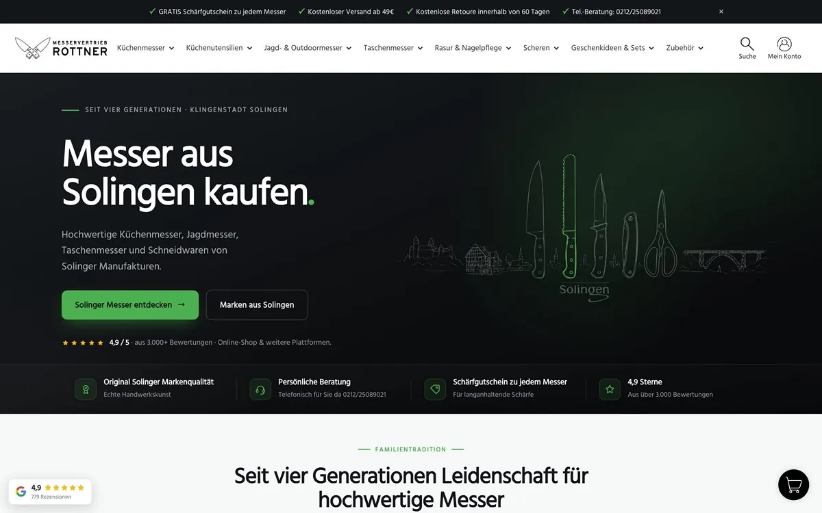 Screenshot der Website Messervertrieb Rottner — E-Commerce · Solinger Messer