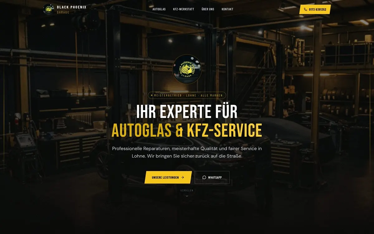 Screenshot der Website Black Phoenix Garage — Autoglas & KFZ-Service