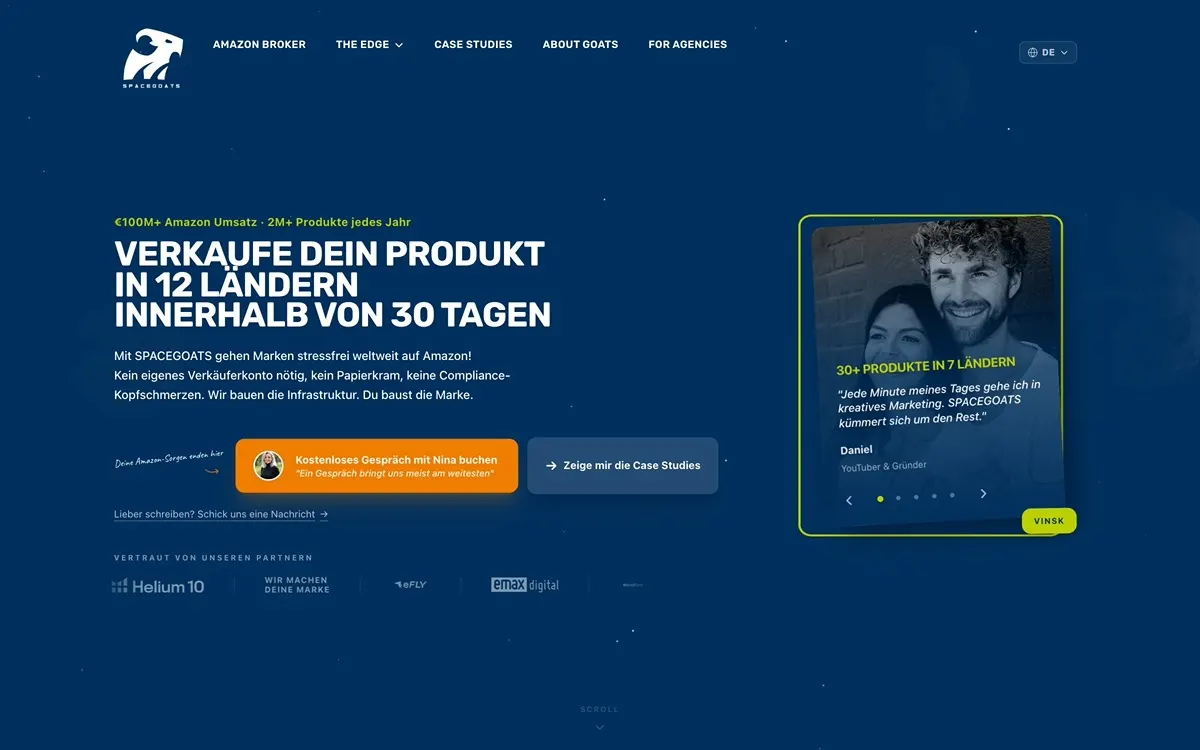 Screenshot der Website Spacegoats — Amazon-Brokerage-Agentur