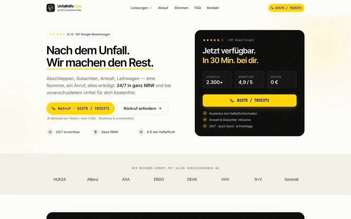 Screenshot der Website Unfallhilfe.NRW — Unfallservice & KFZ-Gutachten