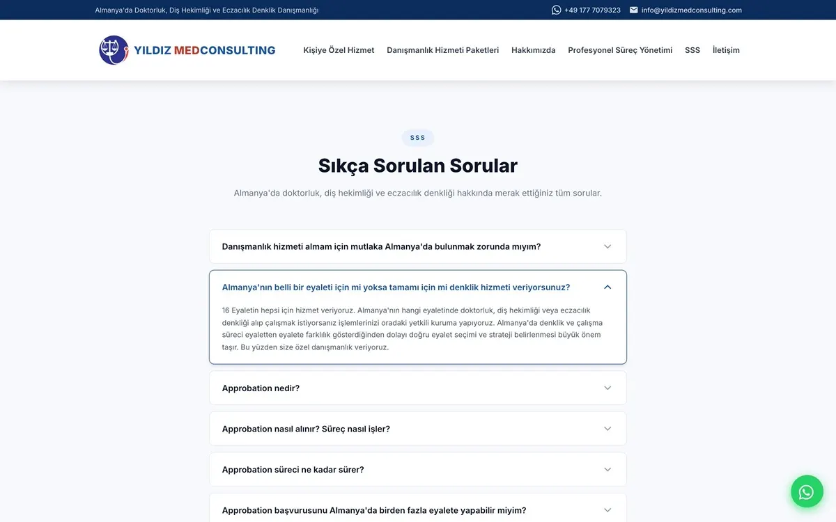 Screenshot der Website Yildiz Med Consulting — Approbations-Beratung
